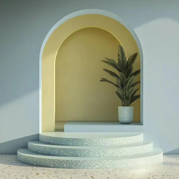 Ürün sunumu için 3 boyutlu boş uzay podyumu, geometrik formlarla çarpım arkaplanı. Renkli ve pastel renkli soyut geometrik vitrin yapay zeka