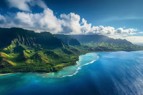 Hawaii adasının havadan görünüşü. Yapay zeka oluşturuldu
