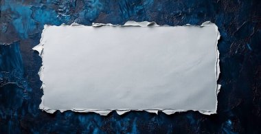 Koyu mavi beton arka planda fotokopi alanı olan boş beyaz kart. Yapay zeka oluşturuldu