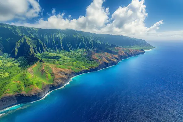 Okyanus ve dağların havadan görünüşü. Yapay zeka oluşturuldu