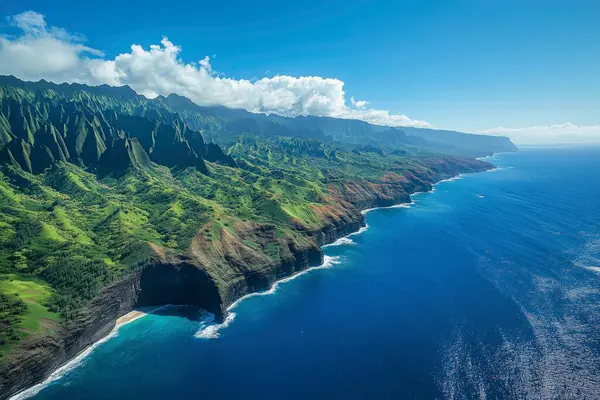 Sahilin tepesinden panoramik manzara. Yapay zeka oluşturuldu
