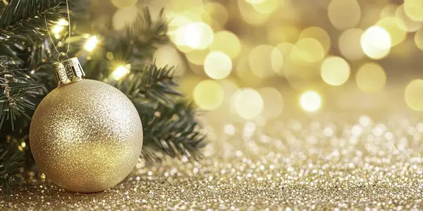 Bulanık arka planda altın topları olan güzel noel ağacı, yakın plan. Metin için boşluk. Noel kartı tasarımı konsepti. Yapay zeka oluşturuldu