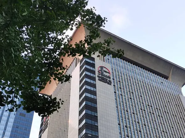 Chengdu, Sichuan, Çin-Sep 11.2024: Sinopec logosu olan açık hava tabelaları. Modern ofis binası. Sinopec Corporate Building, Sinopec, Çin 'de bir petrol ve gaz şirketi.