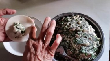 Dişi eller mantı kalıbını çıkarır. Hamurun içine çiğ et koy ve hamur işini kapat. Hamur köftesi yap. Çin yeni yılı için yeni yıl yemeği hazırlıyorum. .