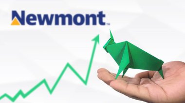 New York - ABD, 25 Aralık 2024: Newmont Stok Uptrend with selektif Focus on green origami Bull, sembolize edilen Newmont Bullish pazar trendi. Finansal Büyüme kavramını yakalar