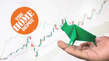 New York - ABD, 25 Aralık 2024: Home Depot Stock Uptrend with Selective Focus on green origami Bull, sembolize edilen Home Depot Bullish pazar trendi. Finansal Büyüme kavramını yakalar