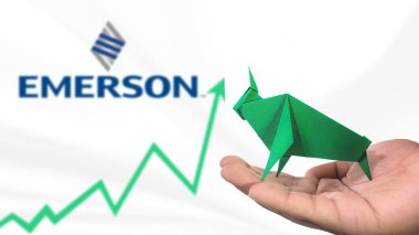 New York - ABD, 25 Aralık 2024: EMERSON Stock Uptrend with Selective Focus on green origami Bull, sembolize edilen EMERSON Bullish pazar trendi. Finansal Büyüme kavramını yakalar