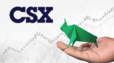 New York - ABD, 25 Aralık 2024: CSX Stock Uptrend with Selective Focus on green origami Bull, sembolize edilen CSX Bullish pazar trendi. Finansal Büyüme kavramını yakalar