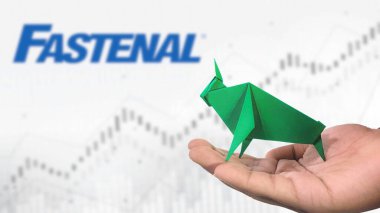 New York - ABD, 25 Aralık 2024: FASTENAL Stock Uptrend with Selective Focus on green origami Bull, sembolize edilen FASTENAL Bullish market trendi. Finansal Büyüme kavramını yakalar