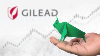 New York - ABD, 25 Aralık 2024: GILEAD Stock Uptrend with Selective Focus on green origami Bull, sembolize edilen GILead Bullish pazar trendi. Finansal Büyüme kavramını yakalar