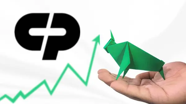 New York - ABD, 25 Aralık 2024: CP Stock Uptrend with Selective Focus on green origami Bull, sembolize edilen CP Bullish pazar trendi. Finansal Büyüme kavramını yakalar