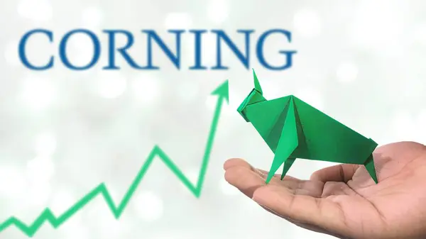 New York - ABD, 25 Aralık 2024: CORNING Stock Uptrend with Selective Focus on green origami Bull, sembolize edilen CORNING Bullish pazar trendi. Finansal Büyüme kavramını yakalar