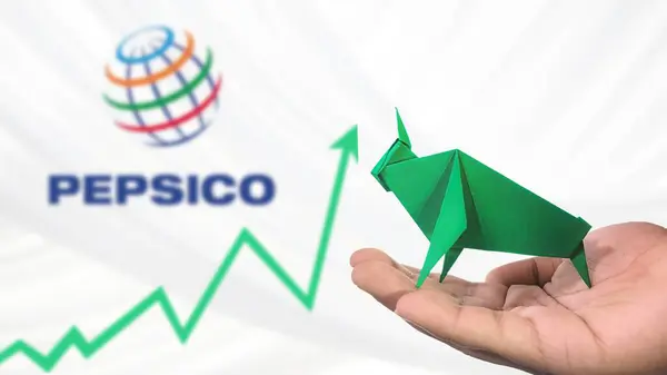 New York - ABD, 25 Aralık 2024: PEPSICO Stock Uptrend with Selective Focus on green origami Bull, sembolize edilen PEPSICO Bullish market trendi. Finansal Büyüme kavramını yakalar