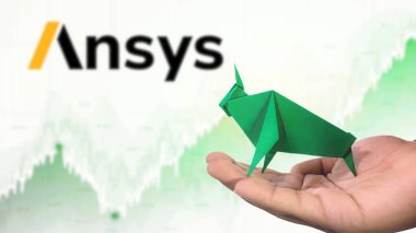 New York - ABD, 23 Ocak 2025: ANSYS Stock Uptrend with Selective Focus on green origami Bull, sembolize edilen ANSYS Bullish pazar trendi. Finansal Büyüme kavramını yakalar