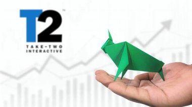New York - ABD, 23 Ocak 2025: T2 Stock Uptrend with Selective Focus on green origami Bull, sembolize edilen T2 Bullish market trendi. Finansal Büyüme kavramını yakalar