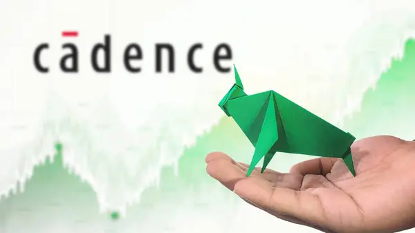 New York - ABD, 23 Ocak 2025: CADENCE Stock Uptrend with Selective Focus on green origami Bull, sembolize edilen CADENCE Bullish market trendi. Finansal Büyüme kavramını yakalar