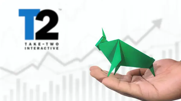 New York - ABD, 23 Ocak 2025: T2 Stock Uptrend with Selective Focus on green origami Bull, sembolize edilen T2 Bullish market trendi. Finansal Büyüme kavramını yakalar