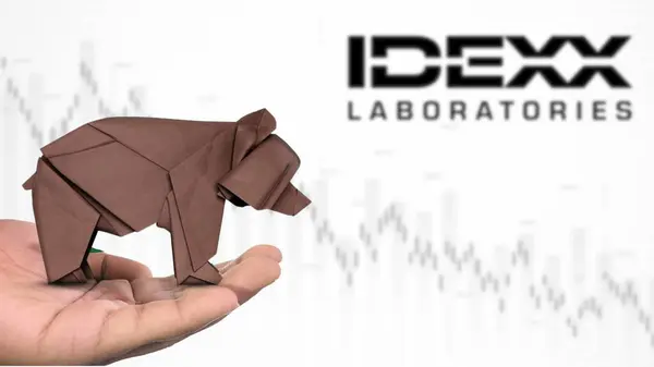 New York - ABD, 13 Ocak 2025: IDEXX hisse senedi düşüş eğilimi ve IDEXX 'in karaborsa duyarlılığını tasvir eden kahverengi origami ayısı üzerine Seçici Odak. Finansal çöküş kavramını yakalıyor