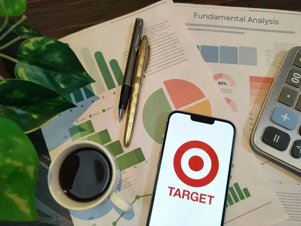 New York, ABD - 15 Aralık 2024: Tablolar, grafikler, hesap makinesi ve kahvenin yer aldığı TARGet borsa analizine seçici odaklanma