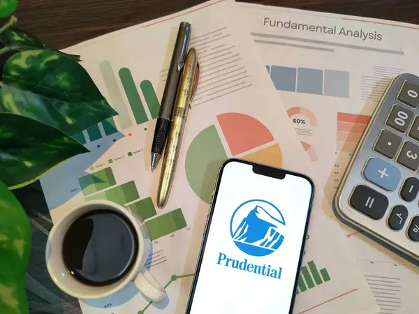 NewYork, ABD - 15 Aralık 2024: Finansal içgörüler için akıllı bir telefonda grafikler, grafikler, hesap makinesi ve kahvenin yer aldığı PRUDENTIAL borsa analizi üzerine seçici odaklanma