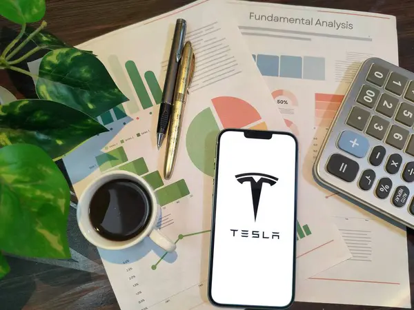 New York, ABD - 15 Aralık 2024: Tablolar, grafikler, hesap makinesi ve kahvenin yer aldığı TESLA borsa analizine seçici odaklanma