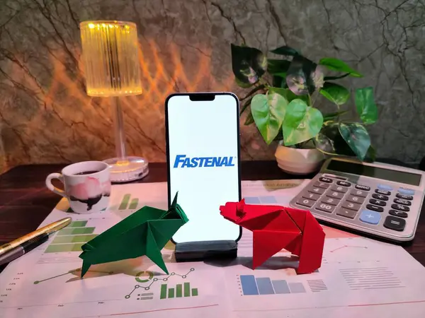 New York, ABD - 15 Aralık 2024: FastENAL borsa analizi üzerine seçici odaklanma grafikler, grafikler, hesap makinesi ve kahvenin yer aldığı bir akıllı telefon ile finansal içgörü için akıllı telefon