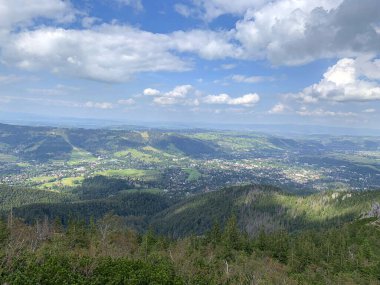 Bir dağ vadisinin nefes kesici panoramik manzarası. Görüntü yemyeşil ormanları, yuvarlanan tepeleri ve uzak bir kasabayı yakalıyor. Doğa, seyahat ve manzara fotoğrafçılığı projeleri için mükemmel..