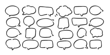 Konuşma balonunu özetle. Soyut Vektör çizimi elle çizilmiş Konuşma Baloncukları Ayarlandı. Kara baloncuk izole edilmiş arkaplan.