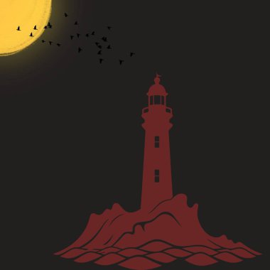 Denizde deniz feneri ve ay. vektör illüstrasyonu