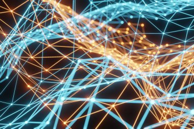 Dijital olarak oluşturulan soyut çizim, bir nöral ağın görselleştirilmesi, bilişim yapısı, ağ ve sosyal bağlantılar