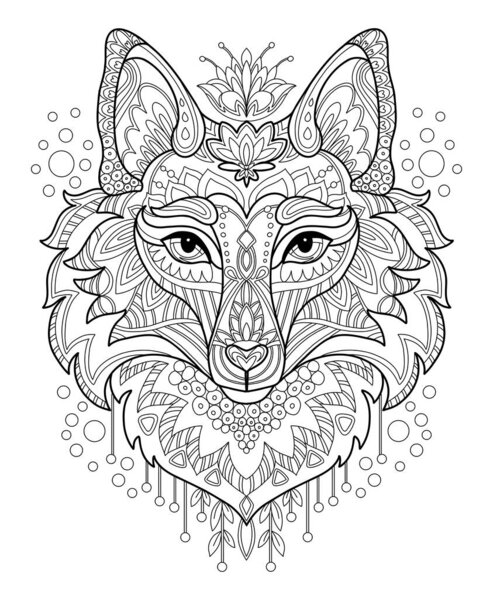Stylized head of fox close up. Hand drawn sketch black contour vector illustration. For adult antistress coloring page, print, design, decor, T-shirt, emblem, logo or tattoo ornate design elements.