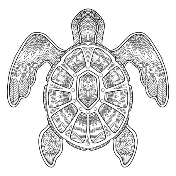 花哨的海龟靠得很近 手绘草图 黑色等高线矢量图解 成人抗压色页 印刷品 T恤衫 标志或纹身华丽设计元素 — 图库矢量图片