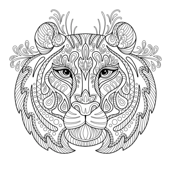 Stylizovaná Tygří Hlava Zblízka Ručně Kreslený Náčrt Černého Vektoru Obrysu — Stockový vektor