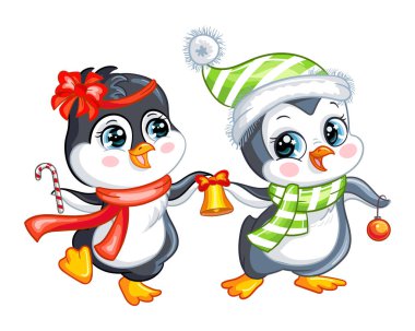 Zili, bastonu şekerleri ve noel balosu olan iki sevimli penguen. Vektör karikatürü izole edildi. Baskı, tasarım, posterler, kartlar, çıkartmalar, dekor, çocuk kıyafetleri, bebek partisi ve davetiye için..