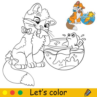 Akvaryum balıklı şirin kedi yavrusu. Çocuklar için renk şablonlu boyama kitabı sayfası. Vektör karikatür çizimi beyaz arkaplanda izole edildi. Boyama kitabı, eğitim, baskı, oyun.