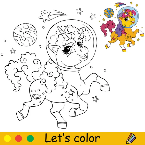Caricatura Lindo Espacio Unicornio Personaje Con Cometa Planeta Estrellas Página — Vector de stock