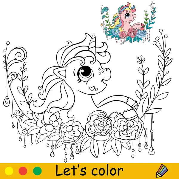 Caricatura Lindo Bebé Lindo Unicornio Personaje Con Flores Corona Página — Vector de stock