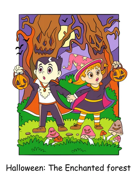 Niños Asustados Con Trajes Vampiro Brujas Bosque Encantado Concepto Halloween — Vector de stock