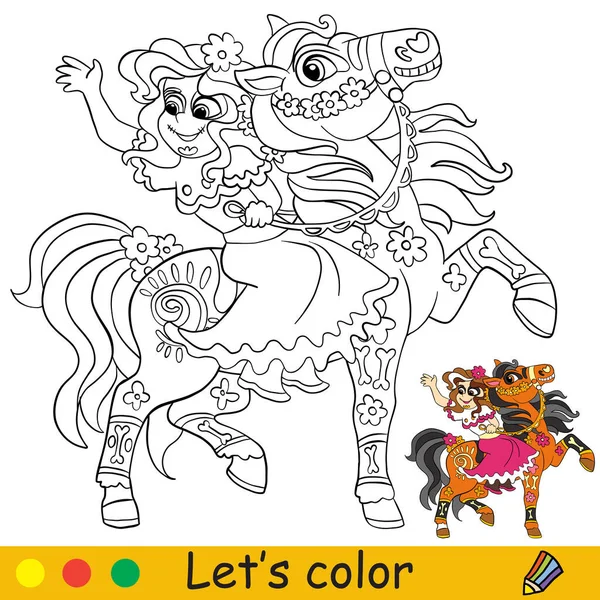 Мила Мексиканська Дівчина Кінному Скелеті Концепція Хеллоуїна Сторінка Розмальовки Дітей — стоковий вектор