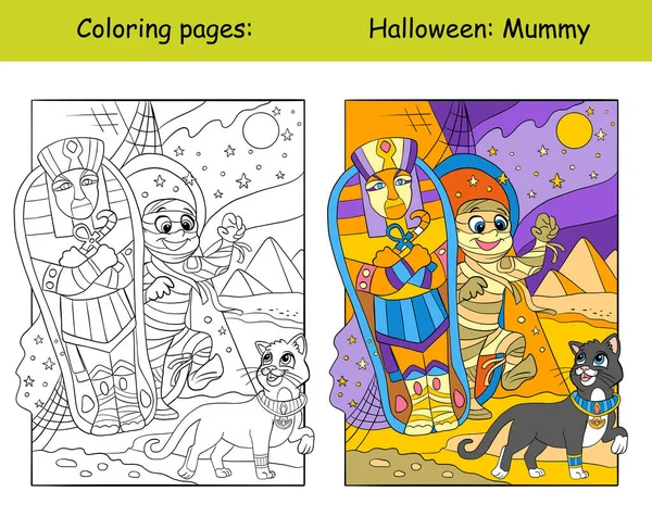 Carino Faraone Mummia Gatto Egiziano Concetto Halloween Bambini Colorare Pagina — Vettoriale Stock