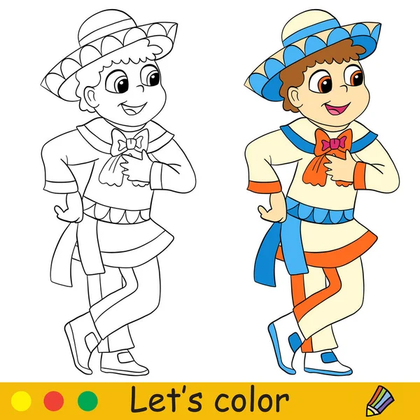 stock vector Cute little mexican boy in national costume. Halloween concept. Coloring book page for children with colorful template. Vector cartoon illustration. For print, preschool education and game