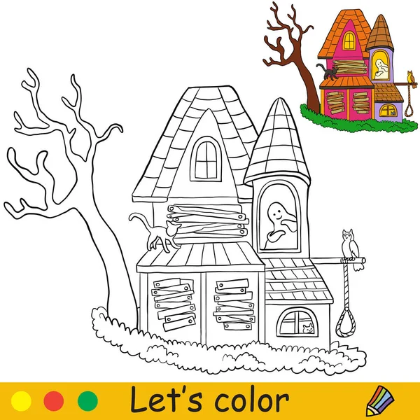 Stary Nawiedzony Dom Martwym Drzewem Koncepcja Halloween Kolorowanki Dla Dzieci — Wektor stockowy