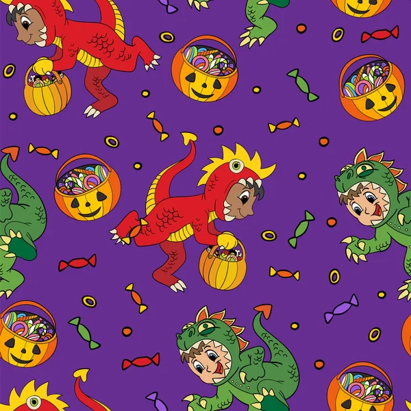 Patrón Sin Costuras Halloween Con Lindos Niños Dinosaurios Bailando Sobre — Vector de stock