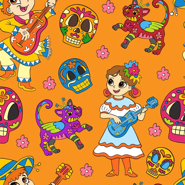 オレンジを基調としたギターを持つかわいいメキシコの子供たちとハロウィンのシームレスなパターン ベクトルイラスト パーティー リネン デザイン テキスタイル 子供服のためのクリップアート — ストックベクタ