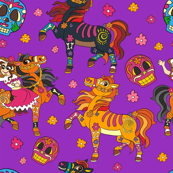 紫色の背景に死んだかわいいメキシコの日とハロウィンのシームレスなパターン ベクトルイラスト ハロウィンパーティー リネン デザイン テキスタイル 子供服のためのクリップアート — ストックベクタ
