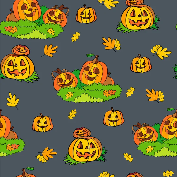 Seamless Pattern Halloween Cute Smiling Pumpkins Grass Gray Background Vector — Stock Vector