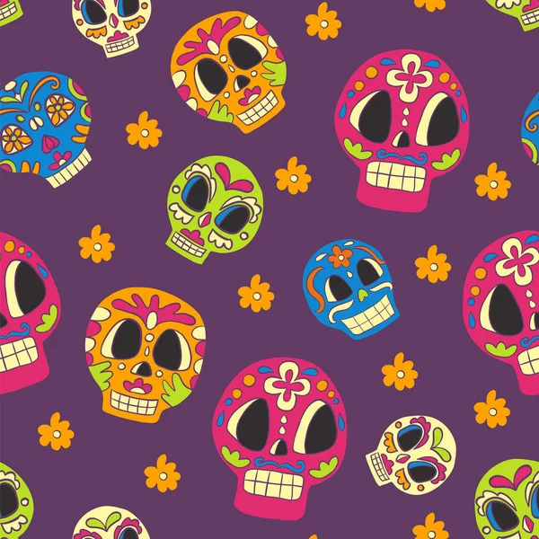 紫色の背景にかわいいメキシコの砂糖の頭蓋骨とハロウィンのシームレスなパターン ベクトルイラスト パーティー リネン デザイン テキスタイル 子供服のためのクリップアート — ストックベクタ