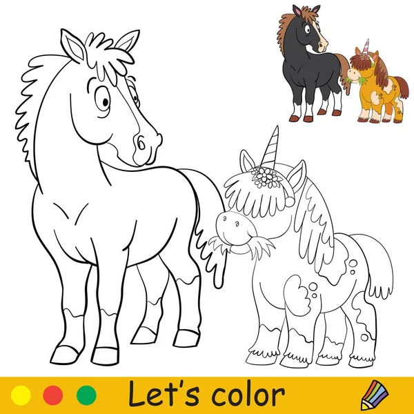 stock vector Cute pony unicorn and surprised horse. Kids coloring book page and color template. Vector cartoon illustration. For print, decor, education and game