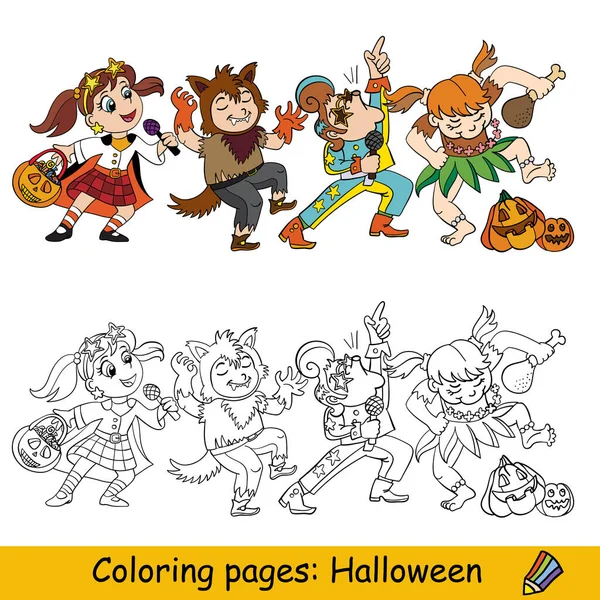 ハロウィンの衣装を着たかわいい子供たちが踊ります ハロウィンのコンセプト 子供のぬり絵の本のページとカラーテンプレート ベクトル漫画イラスト ゲームのために — ストックベクタ