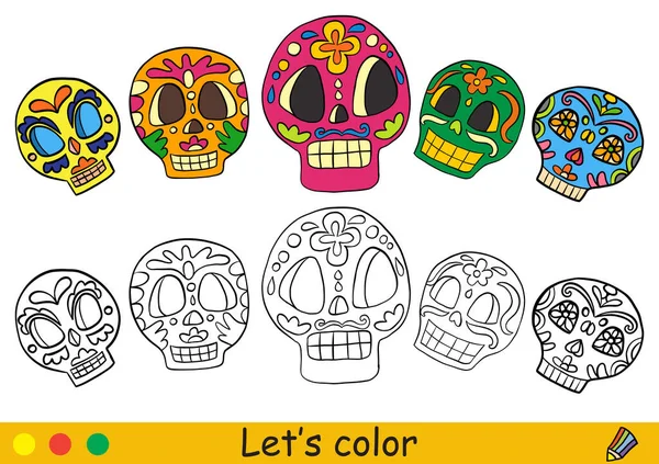 かわいい砂糖の頭蓋骨 死者やメキシコのハロウィンのコンセプトの日 カラフルなテンプレートを持つ子供のためのぬりえブックページ ベクトル漫画イラスト 就学前教育とゲームのために — ストックベクタ